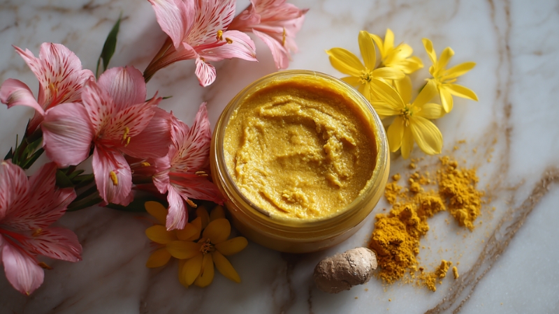 Teglica domaće maske od meda i kurkume okružena cvetovima i prahom kurkume na mermernoj podlozi