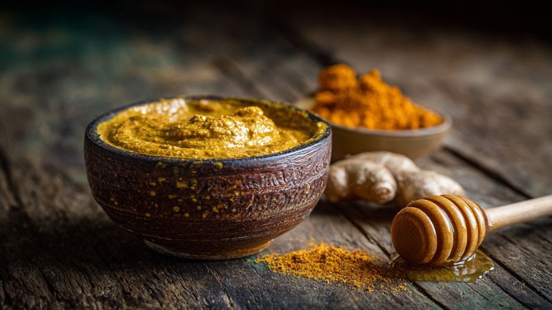 Posuda sa maskom od meda i kurkume na drvenoj površini, uz komadić đumbira, prah kurkume i drvenu kašičicu sa medom