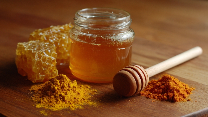 Tegla meda sa drvenom kašičicom, komad saća i prah kurkume na drvenom stolu