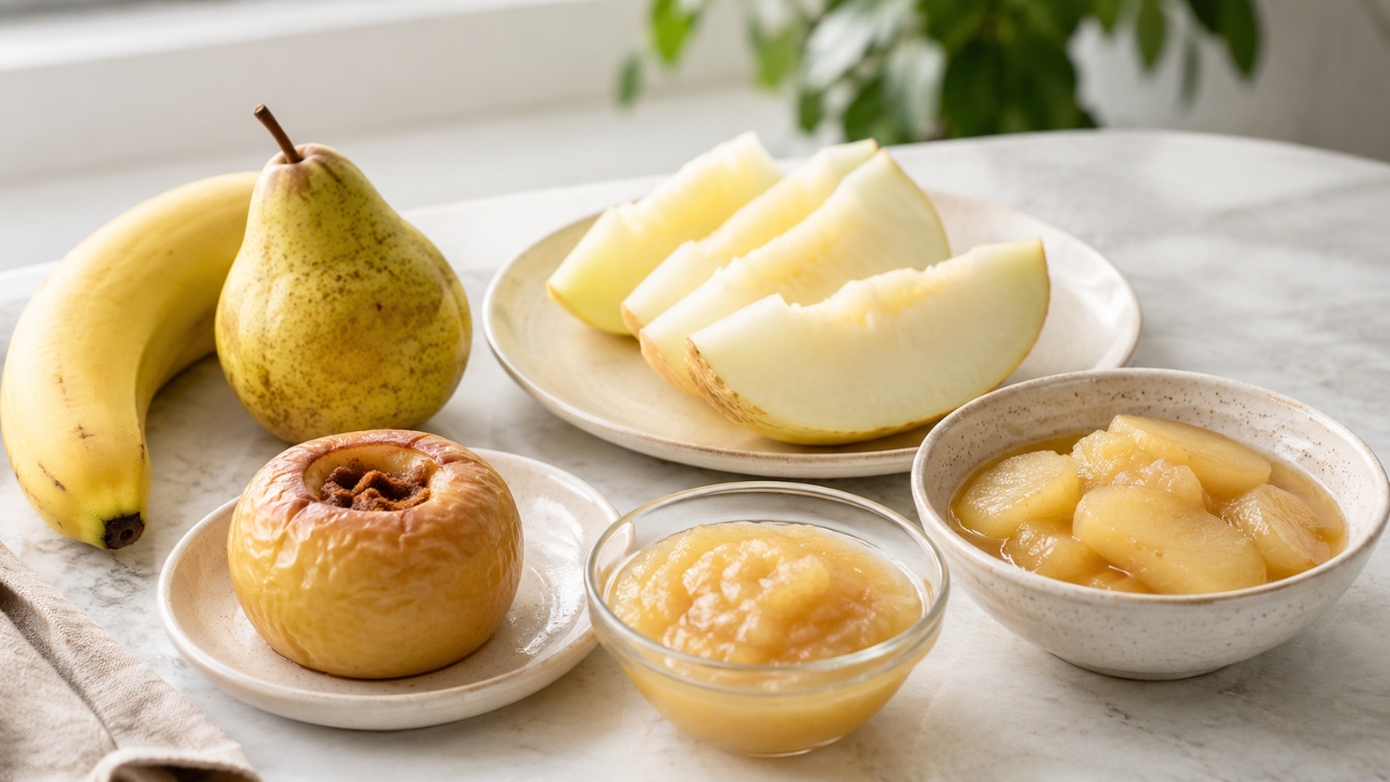 Banana, kruška, dinja, pečena jabuka i kompot servirani su na stolu