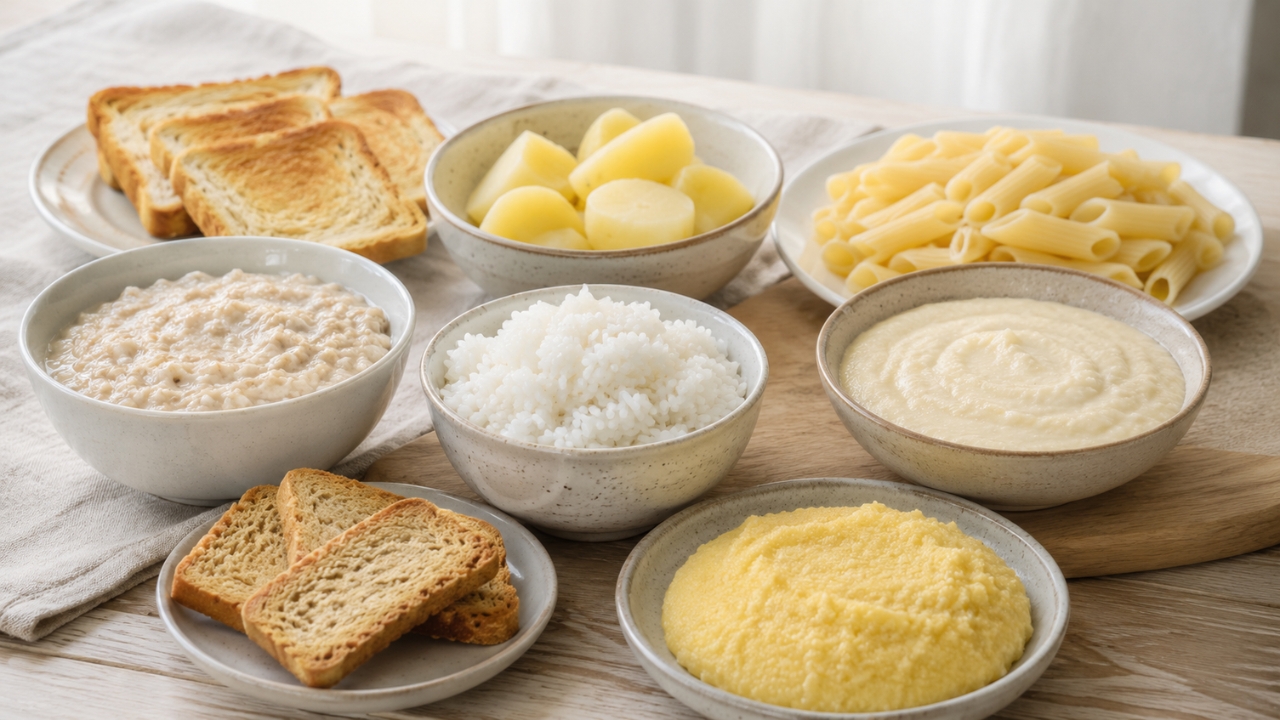 Blage žitarice, pirinač, krompir, testenina, tost i palenta servirani na stolu
