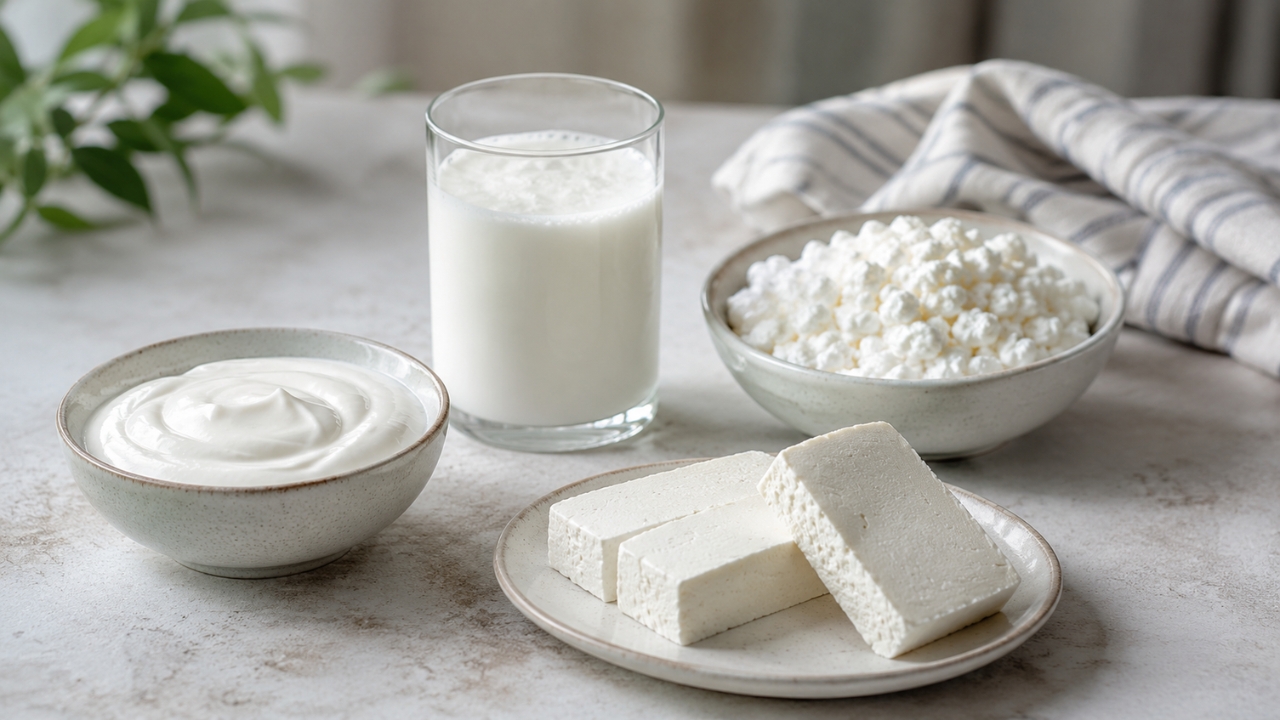 Jogurt, kefir, posni sir i mladi sir servirani su na svetlom stolu